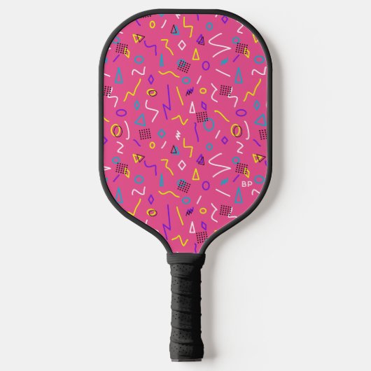 1980's Hot Pink Yellow White Squiggles patroon Pickleball Paddle (Voorkant)