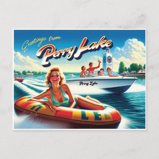 1980's Meisje op Tube En Speedboot Briefkaart (Voorkant)