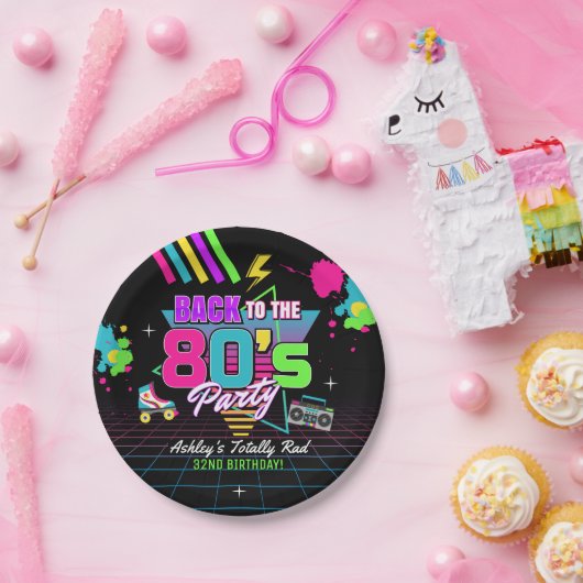 1980s Neon Retro Verjaardagspapier Borden Papieren Bordje (Feest)