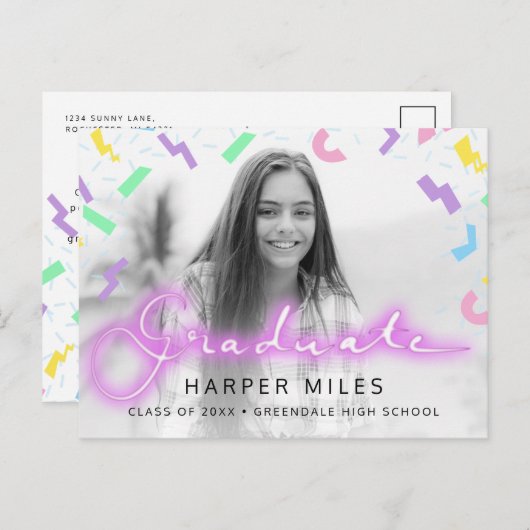 1980s neonscript en patroonfoto van afstuderen briefkaart (Voorkant / Achterkant)