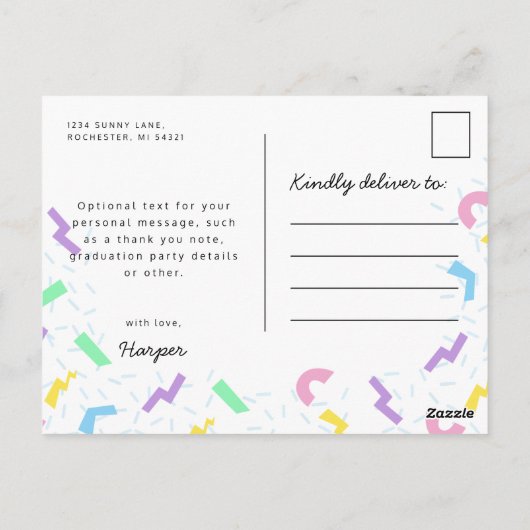 1980s neonscript en patroonfoto van afstuderen briefkaart (Achterkant)