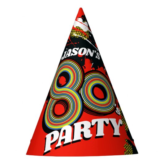 1980's Party Birthday Graphic Splat Rode Naam pet Feesthoedjes (Voorkant)