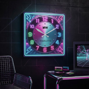 1980s Synthwave Neon Retro-Futuristische Bliksem  Vierkante Klok