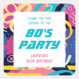 1980s Theme Bright Doodles Retro Verjaardagsfeest Vierkante Sticker