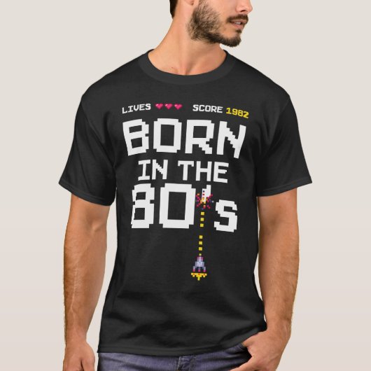 1982 Geboren in de 80's Retro Arcade Birthday T-shirt (Voorkant)