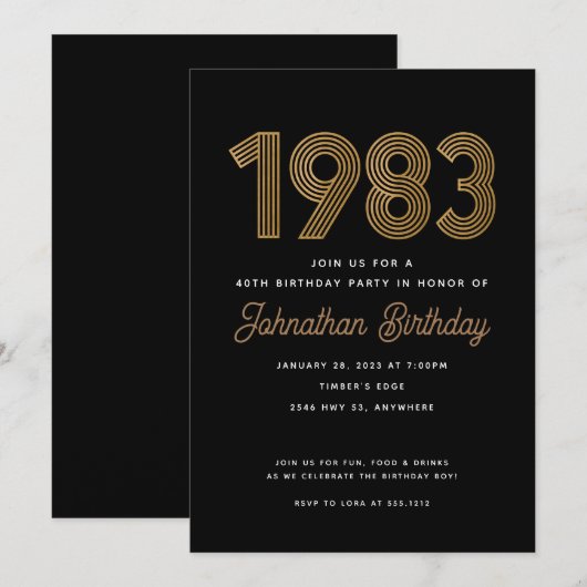 1983 Black and Gold 40th Birthday Invitation Kaart (Voorkant / Achterkant)