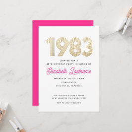 1983 Hot Pink White Gold 40th Birthday Invitation Kaart