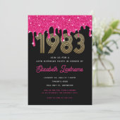 1983 Roze Glitter Drip 40e verjaardagsuitnodiging Kaart (Staand voorkant)