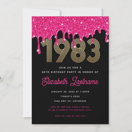 1983 Roze glitter Drip 40th Birthday Invitation Kaart (Voorkant)
