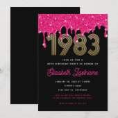 1983 Roze glitter Drip 40th Birthday Invitation Kaart (Voorkant / Achterkant)