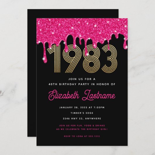 1983 Roze glitter Drip 40th Birthday Invitation Kaart (Voorkant / Achterkant)