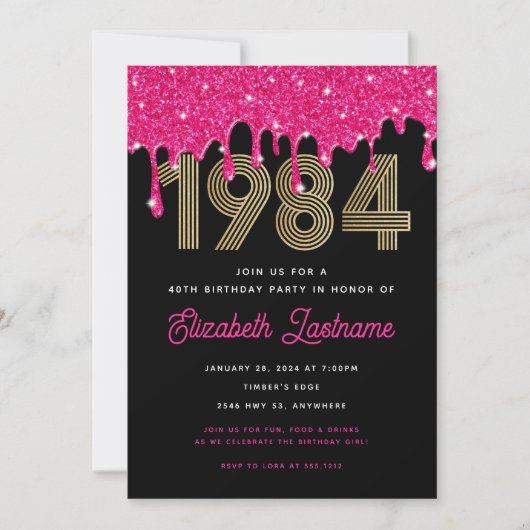 1984 Roze Glitter Drip 40e verjaardag Uitnodiging (Voorkant)