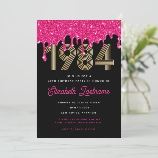 1984 Roze Glitter Drip 40e verjaardag Uitnodiging (Staand voorkant)