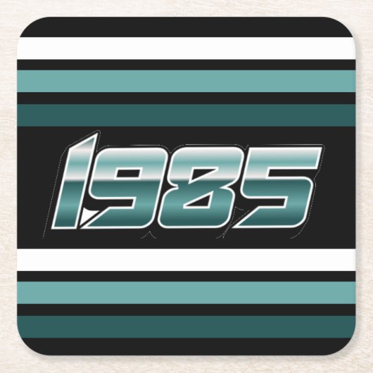1985 Retro Stripe Blauwgroen Kartonnen Onderzetters (Voorkant)