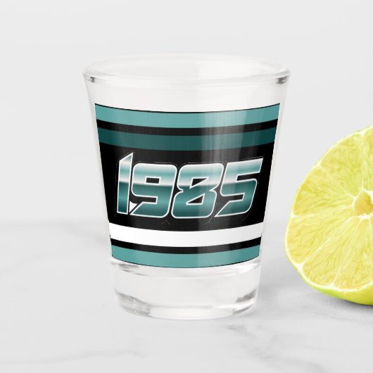 1985 Retro Stripe Blauwgroen Shot Glas (Voorkant)