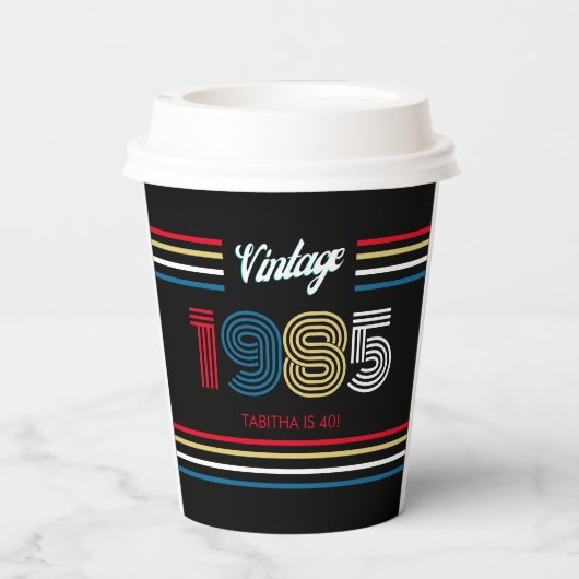 1985 Retro Stripe Primaire Kleuren Papieren Bekers (Achterkant)