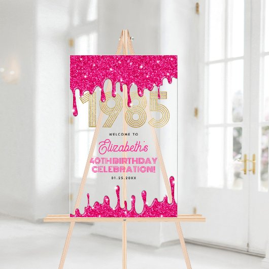 1985 Roze Glitter Drip 40e verjaardag Welkom Acryl Bord