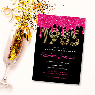1985 Roze Glitter Druppel 40e Verjaardagsuitnodigi Kaart