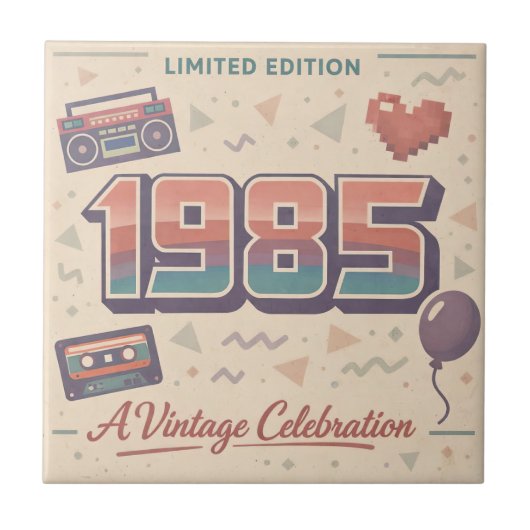 1985 Vintage Birthday Ceramic Tile – Retro 80s Tegeltje (Voorkant)