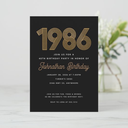 1986 Black and Faux Gold 40th Birthday Invitation  Kaart (Staand voorkant)
