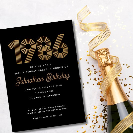 1986 Black and Faux Gold 40th Birthday Invitation  Kaart