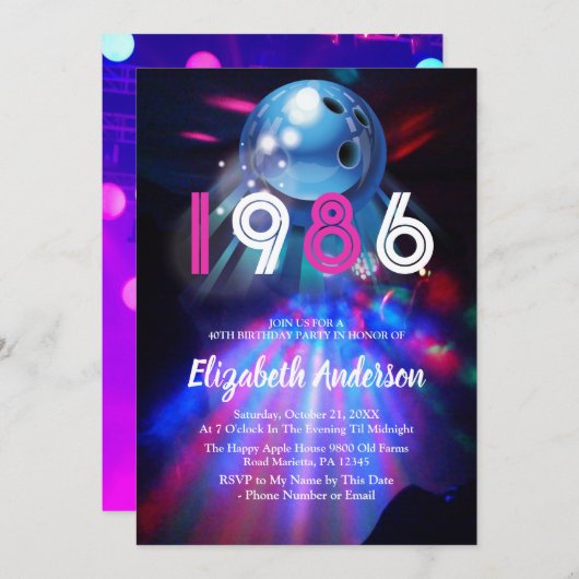 1986 Disco Bowling  40th Birthday Party Invitation Kaart (Voorkant / Achterkant)