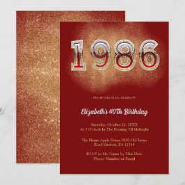 1986 Retro Vintage 40th Birthday Red Glitter Party Kaart