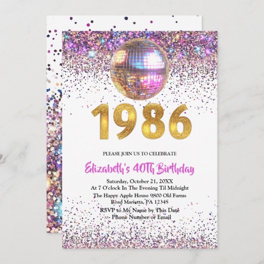 1986 Trendy Glitter Disco 40th Birthday Kaart (Voorkant / Achterkant)