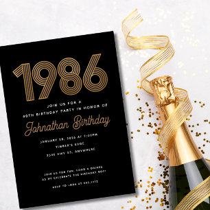 1986 Zwart en namaak gouden 40e verjaardagsuitnodi Kaart