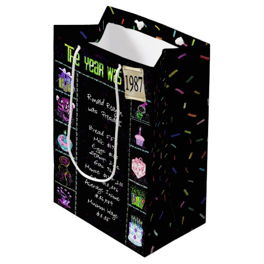 1987 Birthday Trivia Fact Medium Gift Bag Cadeauzakje (Voorkant Gekanteld)