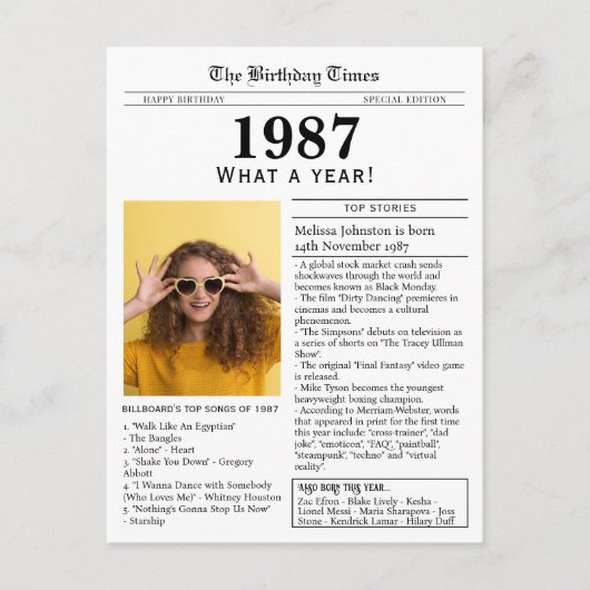 1987 Kranten Geboortedag  Briefkaart (Voorkant)