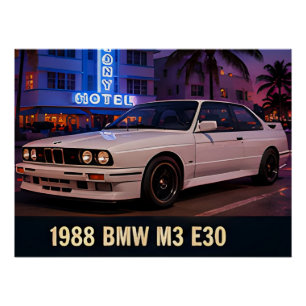 1988 BMW M3 E30 Miami Retro 1980s Duitse sportwage Perfect Poster