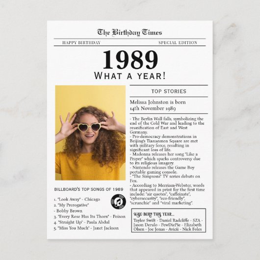 1989 Newspaper Birthday  Briefkaart (Voorkant)