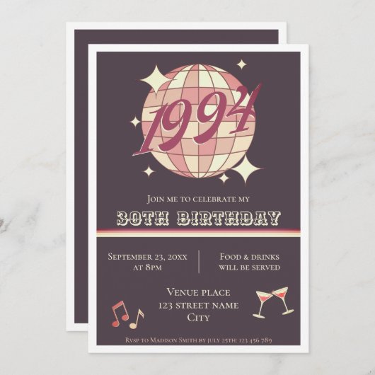 1994 30e verjaardag retro paarse uitnodiging (Voorkant / Achterkant)