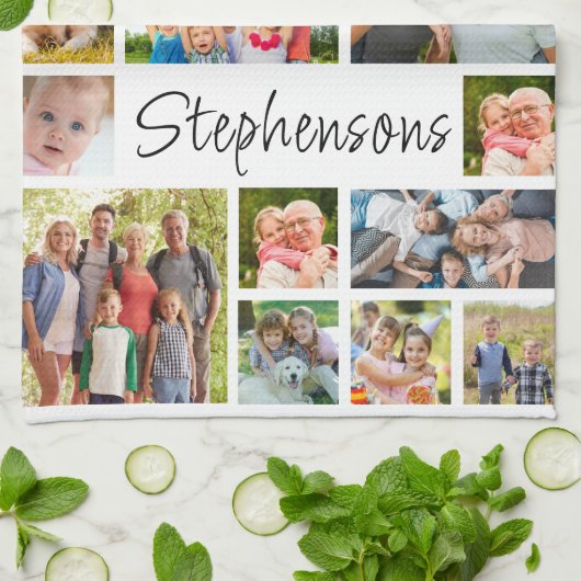 19 Photo Collage Modern Script Name Theedoek (Gevouwen)