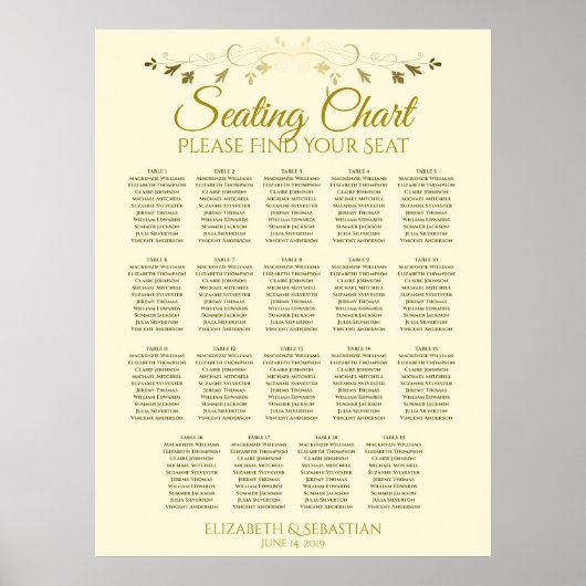 19 Tabel Elegant Gold Cream Wedding Seating Chart Poster (Voorkant)