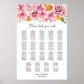 19 Tabel Elegant Pink Floral Wedding Seating Chart Poster (Voorkant)