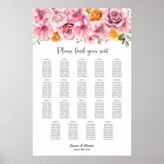 19 Tabel Elegant Pink Floral Wedding Seating Chart Poster (Voorkant)
