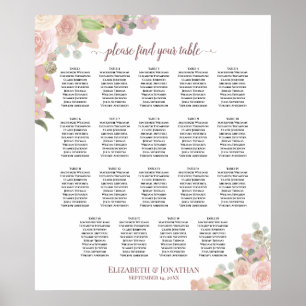 19 Tabel Elegant Pink Floral Wedding Seating Chart Poster