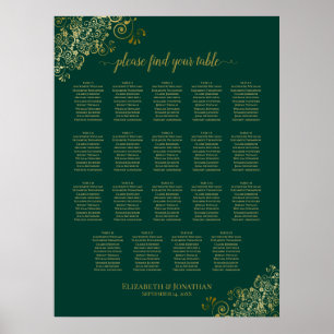 19 Tabel Emerald Green Gold Wedding Seating Chart Poster