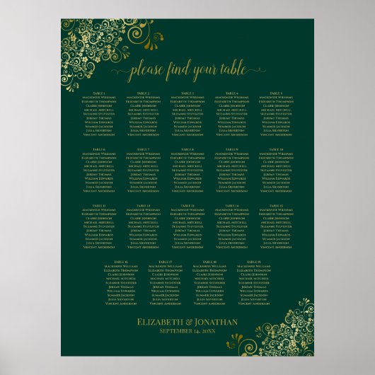 19 Tabel Emerald Green Gold Wedding Seating Chart Poster (Voorkant)