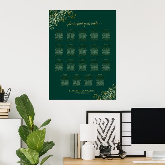 19 Tabel Emerald Green Gold Wedding Seating Chart Poster (Thuiskantoor)