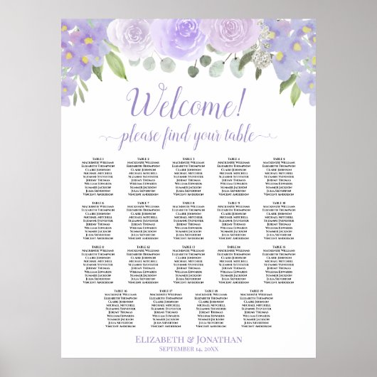 19 Tabel Lavender Floral Wedding Seating Chart Poster (Voorkant)