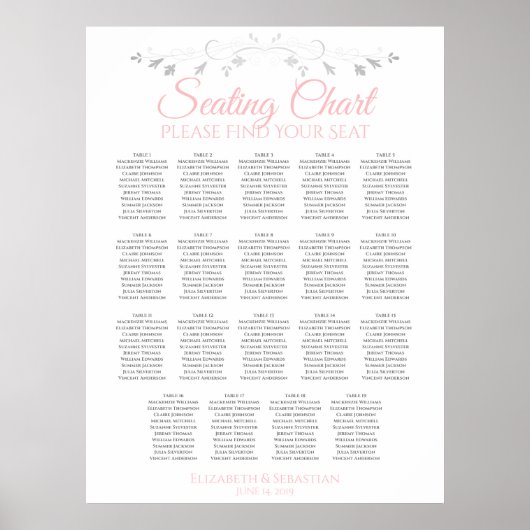 19 Tabel Roze & Gray Wedding Seating Chart Poster (Voorkant)