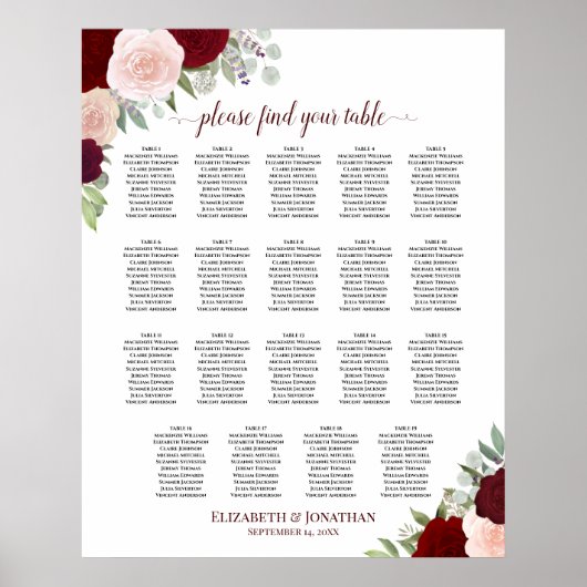 19 Tafel Burgundy Rood & Blush Bloemstuk Stoelenpl Poster (Voorkant)
