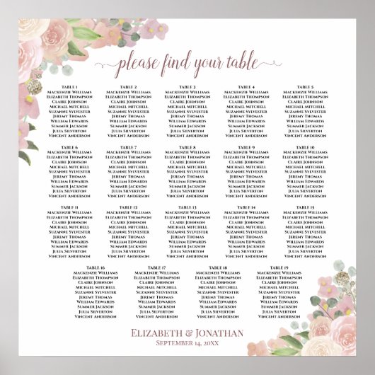 19 Tafel Elegante Roze Bloemstuk Bruiloft Zitplaat Poster (Voorkant)