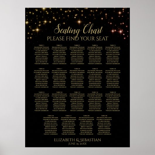 19 Tafel Gold Sparkles Black Wedding Seating Chart Poster (Voorkant)