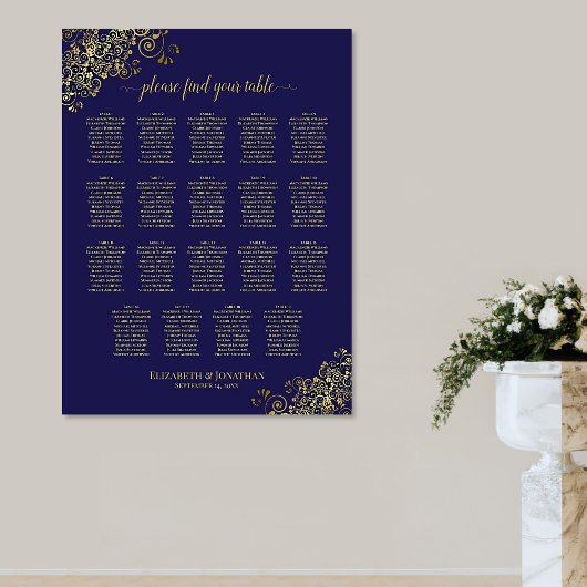 19 Tafel Kantachtig Goud Navy Blauwe Trouwstoelind Poster