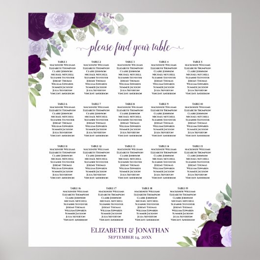 19 Tafel Paarse Bloemen Chique Bruiloft Zitkaarten Poster (Voorkant)