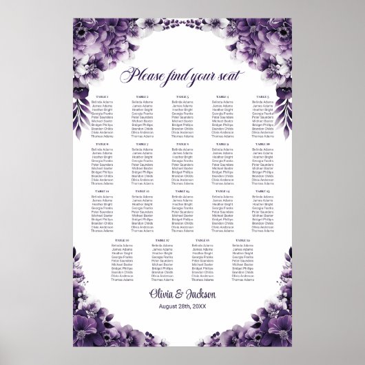 19 Tafel Paarse Bloemenbruiloft Zitkaarten Poster (Voorkant)